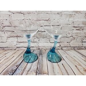 Set of 2 BOMBAY SAPPHIRE GIN 7" Martini Glasses Wavy Blue Hollow Stem Shot Combo